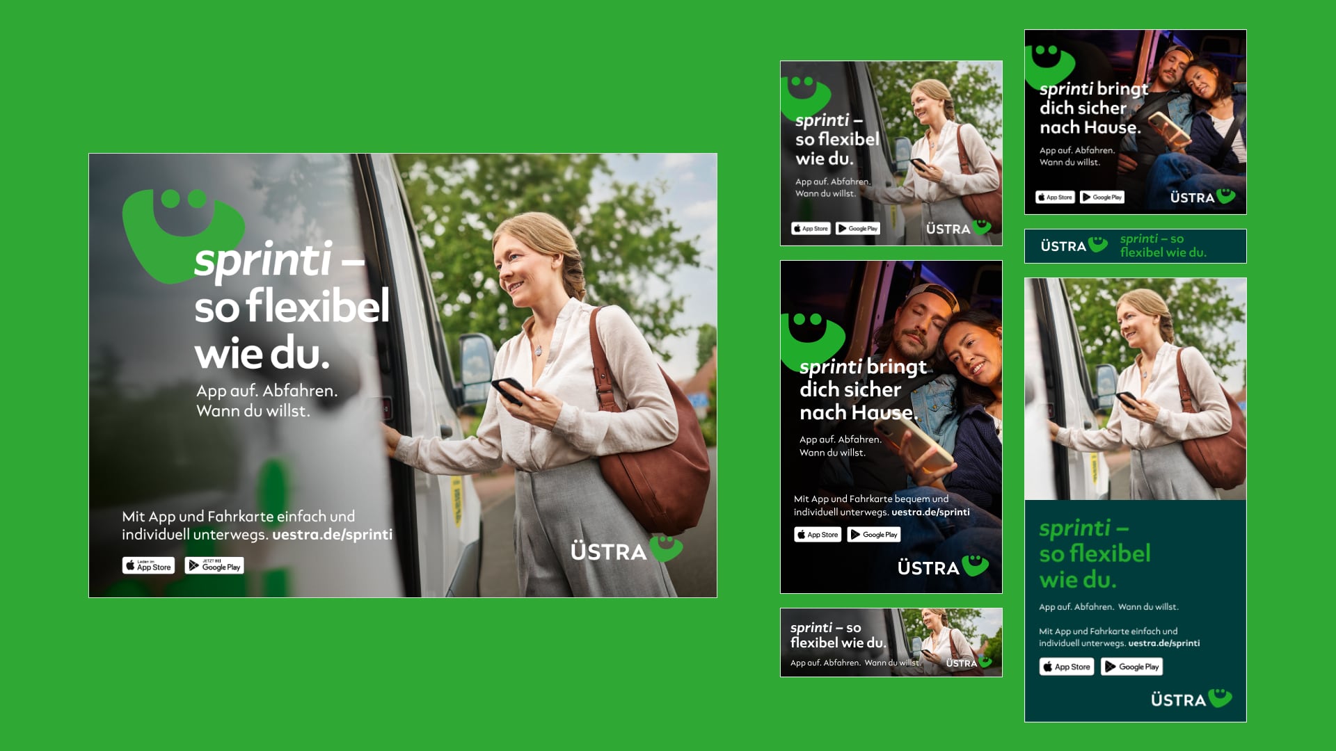 Digitale Banner-Ads der Sprinti 2025 Kampagne mit aufmerksamkeitsstarker Typografie – gezielte Ansprache für junge Zielgruppen im Nahverkehr