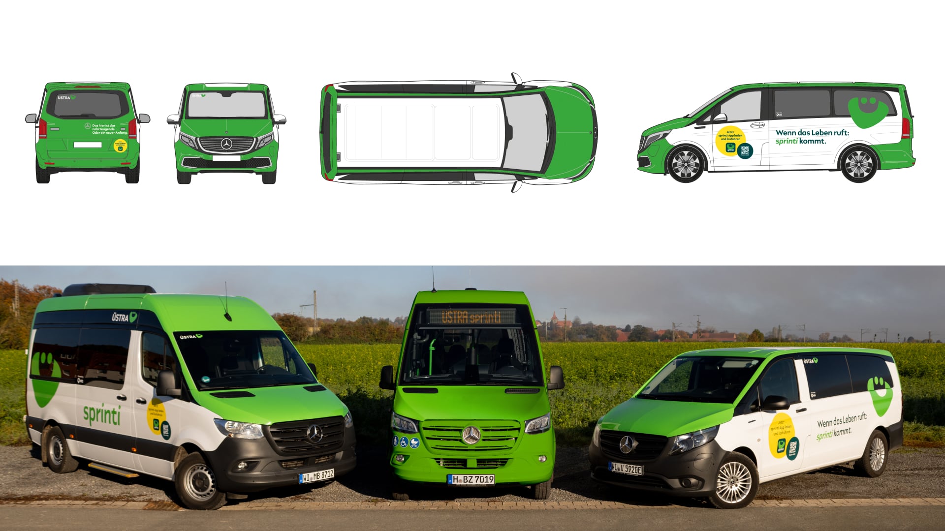 Beklebtes Sprinti-Fahrzeug mit Kampagnenmotiven – auffälliges Design für Sichtbarkeit im ländlichen Raum und moderne Mobilitätskommunikation.