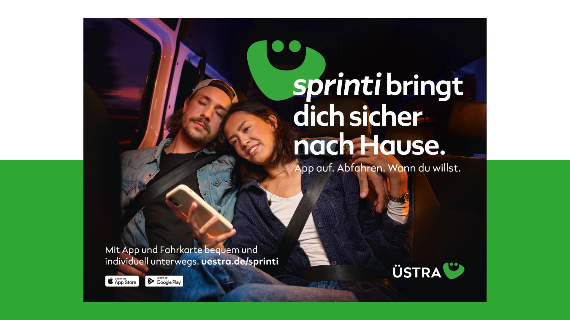Hauptmotiv der Sprinti 2025 Kampagne mit jungem Keyvisual und prägnanter Headline – modernes Branding für den On-Demand-Nahverkehr