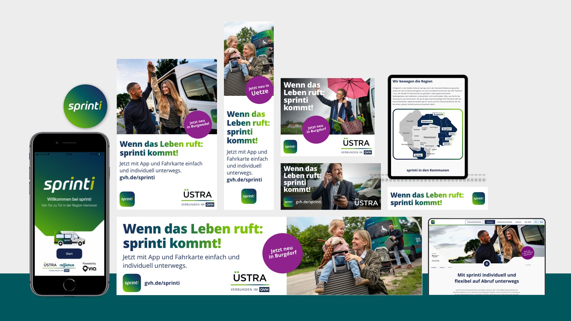 Sprinti 2025 Bannerkampagne mit Keyvisuals und auffälliger Typografie – starke Außenkommunikation für flexible Nahverkehrslösungen