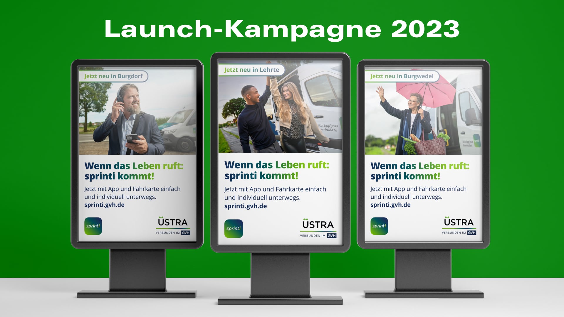 Sprinti 2025 Kampagnenmotive mit plakativen Headlines und junger Bildsprache – kommunikative Ansprache für moderne Mobilität im Umland