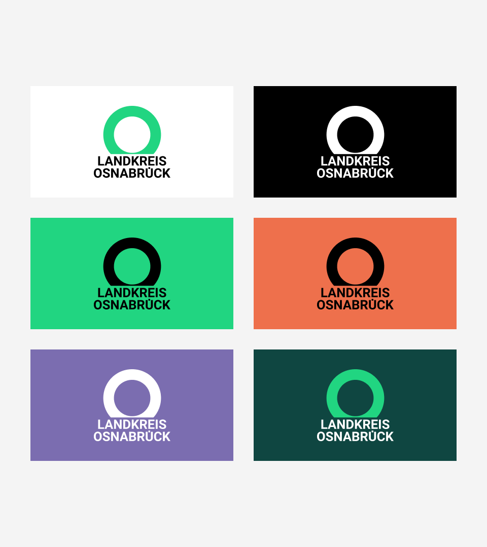 Verschiedene Logo-Varianten des Landkreises Osnabrück auf farbigen Hintergründen – flexibles Designsystem mit hoher Adaptionsfähigkeit