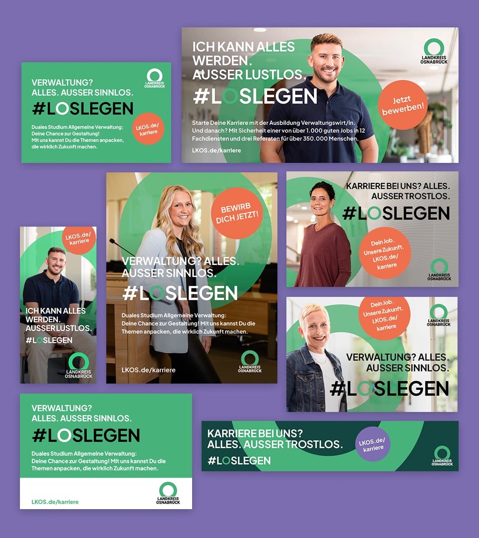 Anzeigenformate mit #LOSLEGEN-Kampagne des Landkreises Osnabrück – Employer Branding für Ausbildung und Karriere.