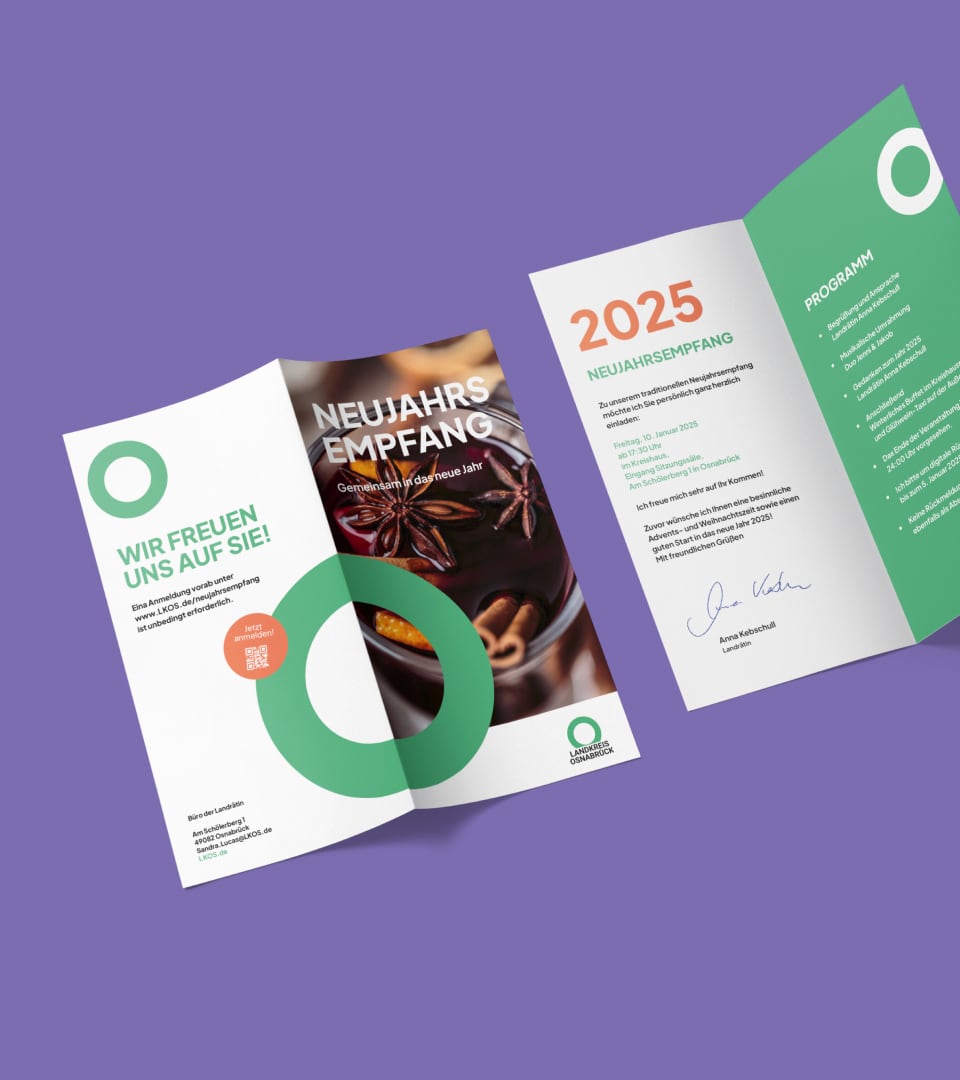 Neujahrsempfangs-Flyer des Landkreises Osnabrück mit #LOSLEGEN-Kampagne – moderne Printmedien für Employer Branding.