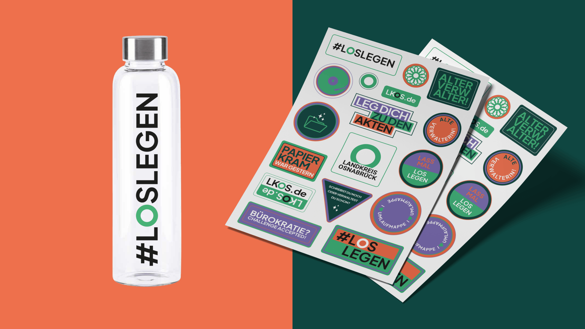 #LOSLEGEN-Glasflasche und bunte Stickersets des Landkreises Osnabrück – Employer-Merchandise mit humorvollen und motivierenden Botschaften.