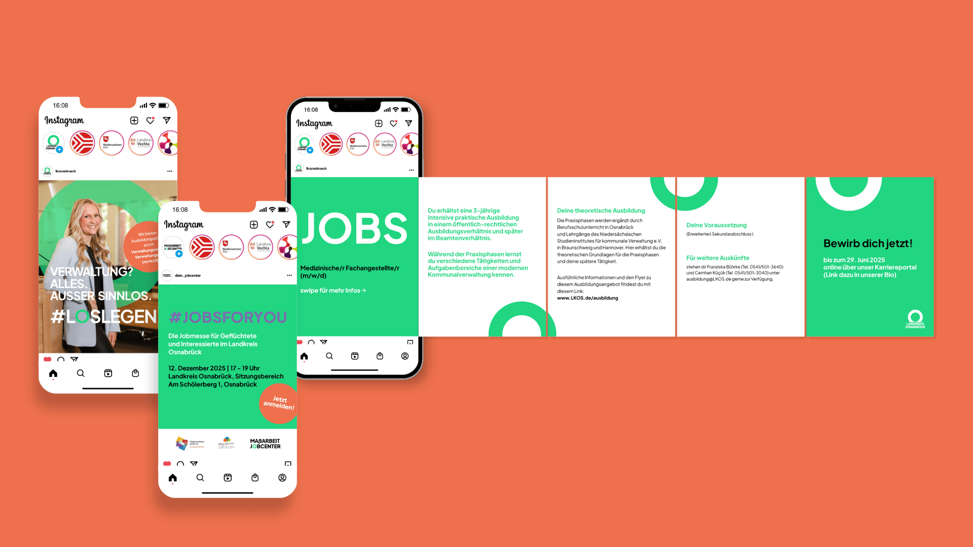 Instagram-Kampagnen und Info-Flyer für die Jobmesse #JobsForYou im Landkreis Osnabrück – zielgruppengerechte Ansprache für junge Talente.