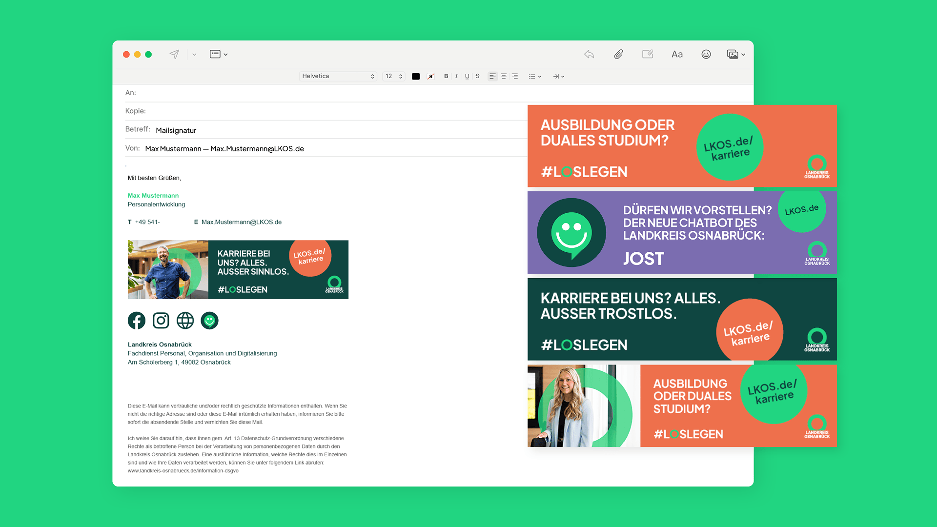 E-Mail-Signaturvorlagen und digitale Banner des Landkreises Osnabrück – crossmediales Branding für Kommunikation und Karriereportal.