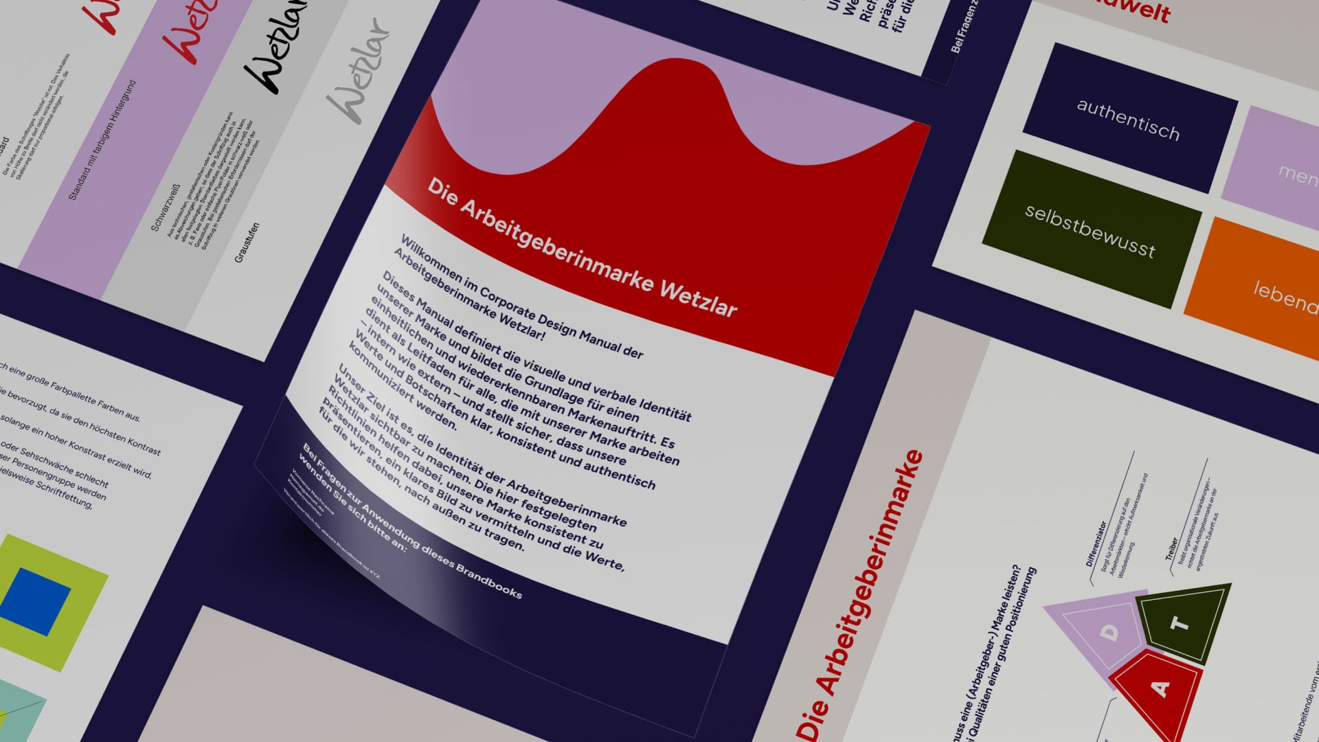 Corporate Design Manual der Arbeitgebermarke Wetzlar mit Farbwelt, Tonalität und Markenwerten – visuelle Leitlinien auf einen Blick.