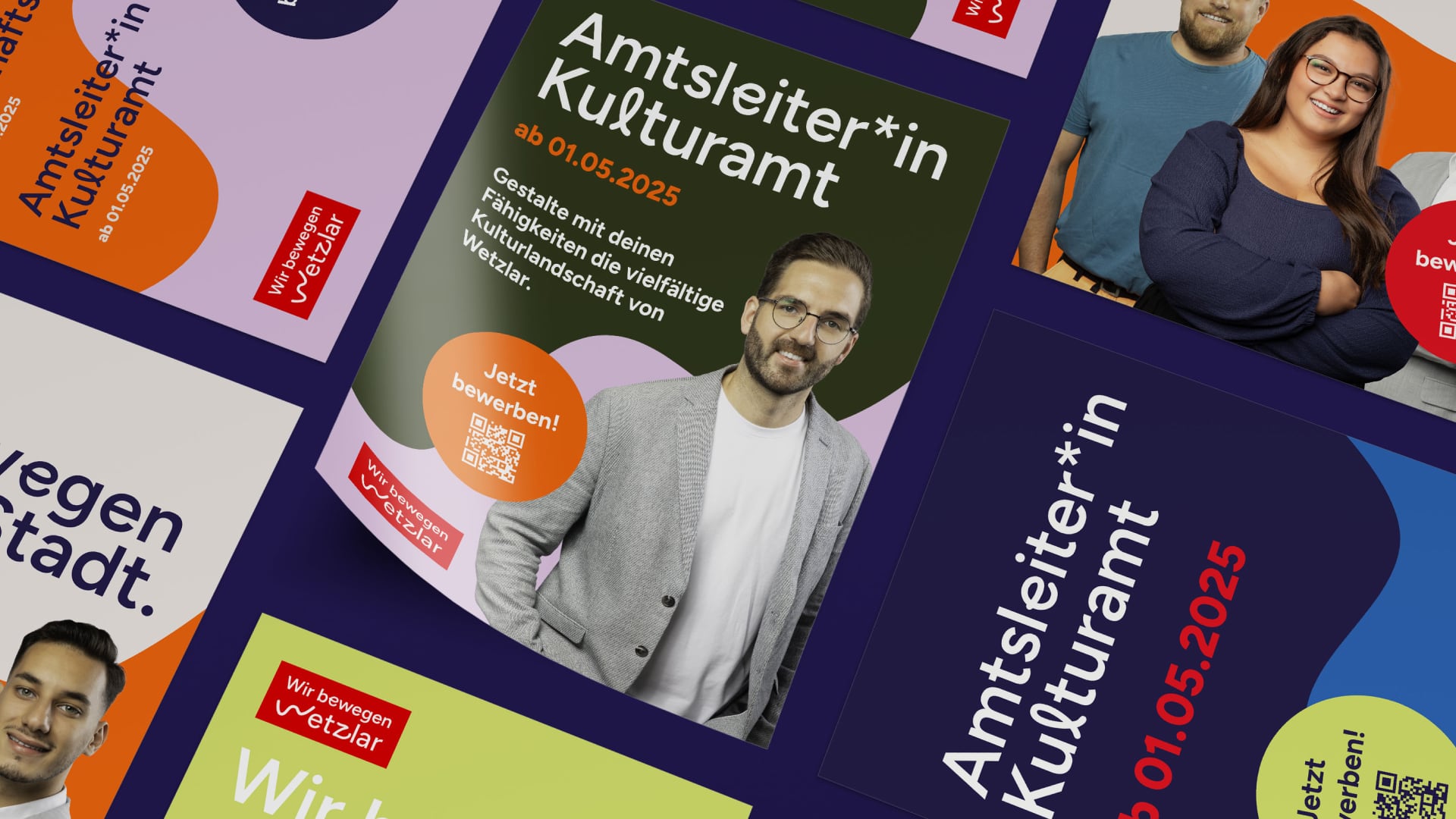 Kampagnenmotive zur Stellenanzeige im Kulturamt Wetzlar – plakative Gestaltung mit Keyvisual, Call-to-Action und modernem Layout.