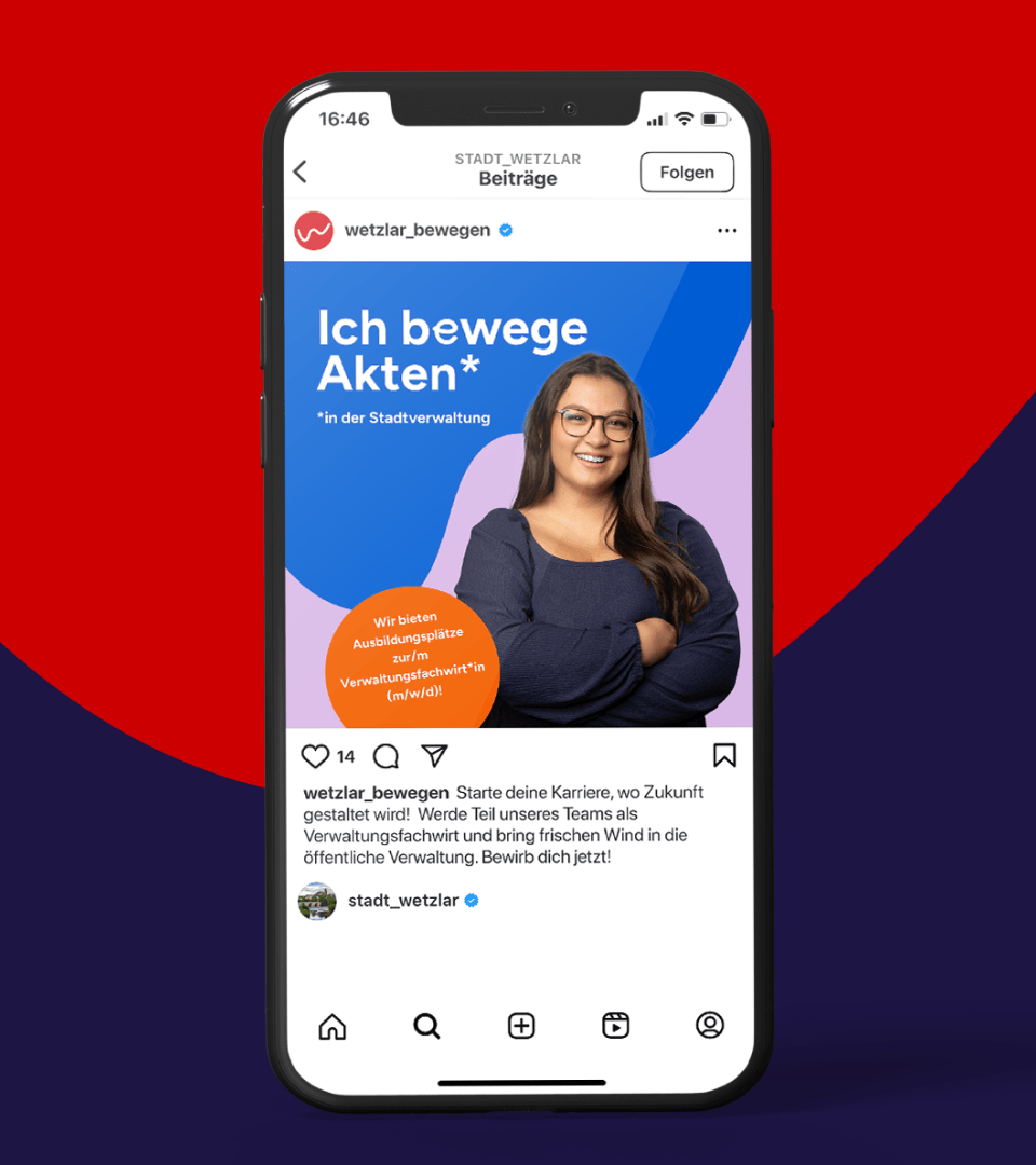 Instagram-Post der Stadt Wetzlar mit dem Slogan ‚Ich bewege Akten‘ – Social-Media-Kampagne für Ausbildungsplätze in der Stadtverwaltung.