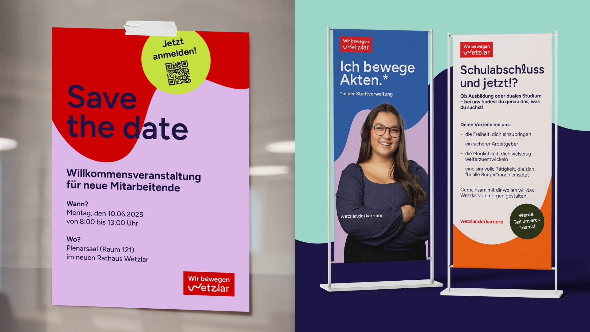 Willkommensplakat für neue Mitarbeitende und zwei Rollups der Arbeitgebermarke Wetzlar – Kommunikation entlang der Candidate Journey.