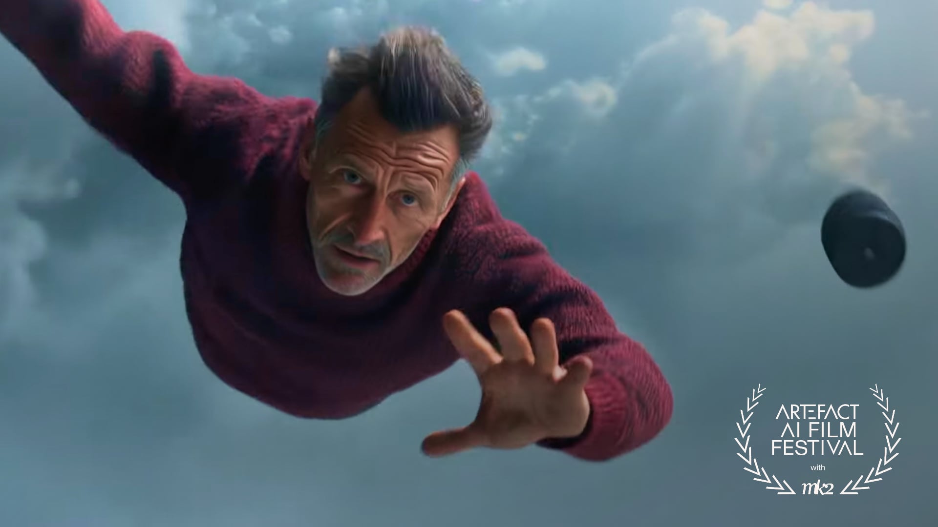 Mann schwebt im Himmel und streckt die Hand aus, emotionale Filmszene aus dem KI-gestützten Weihnachtsfilm „The Way Back“, eingereicht beim Artefact AI Film Festival.