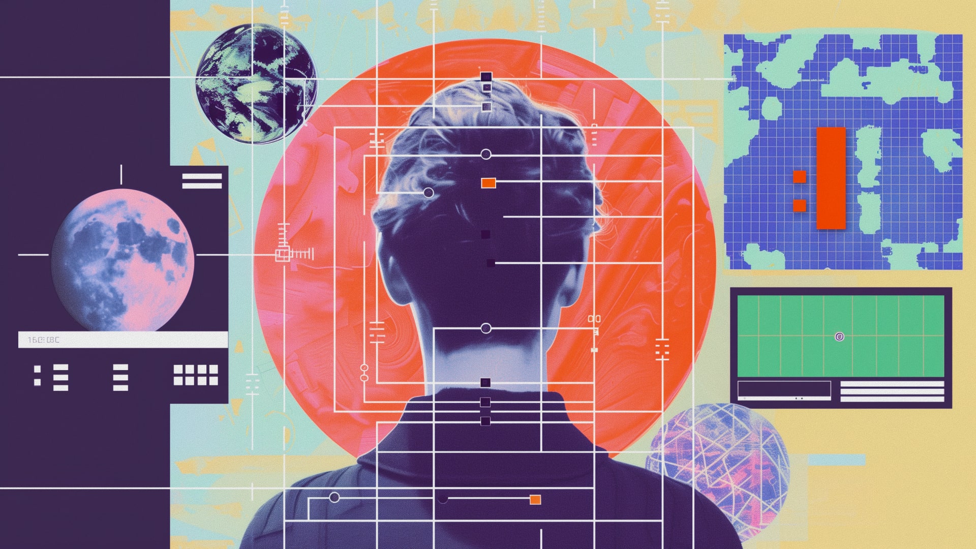 Rückansicht einer Person vor abstrakten Interface-, Daten- und Systemelementen in einer Digital-Collage als Symbol für vernetzte, KI-gestützte Experience-Systeme.